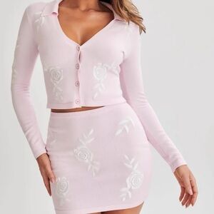 Meshki Tallulah Pink embroidered Knit Set - skirt and cardigan